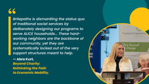 Graphic of quote from the article: "Britepaths is dismantling the status quo of traditional social services by deliberately designing our programs to serve ALICE households. We recognize that these hard-working neighbors are the backbone of our community, yet they are systematically locked out of the very support structures meant to help."